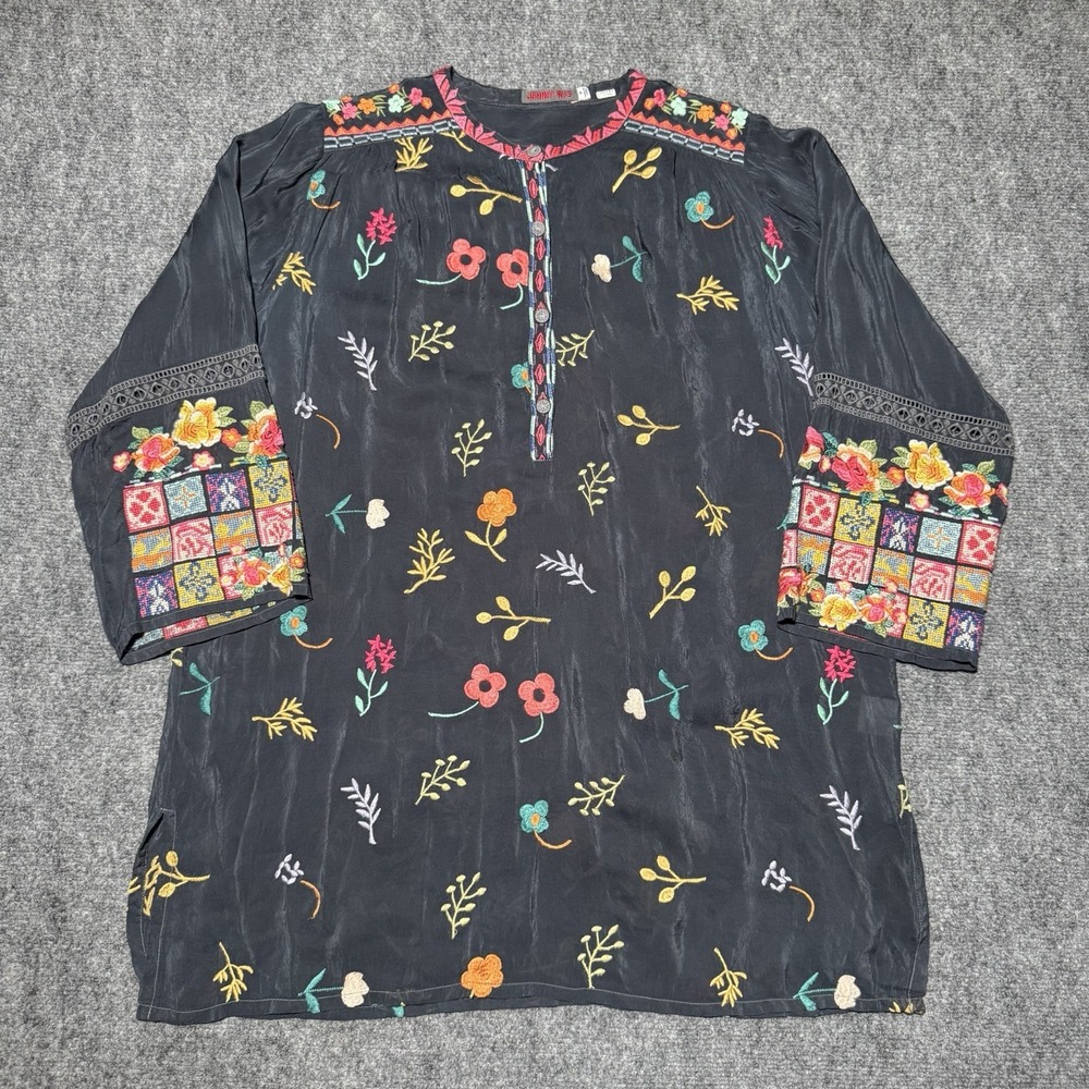 Johnny Was Tazanna Embroidered Tunic Boho Women Medium Henley Button 3/4 Sleeve